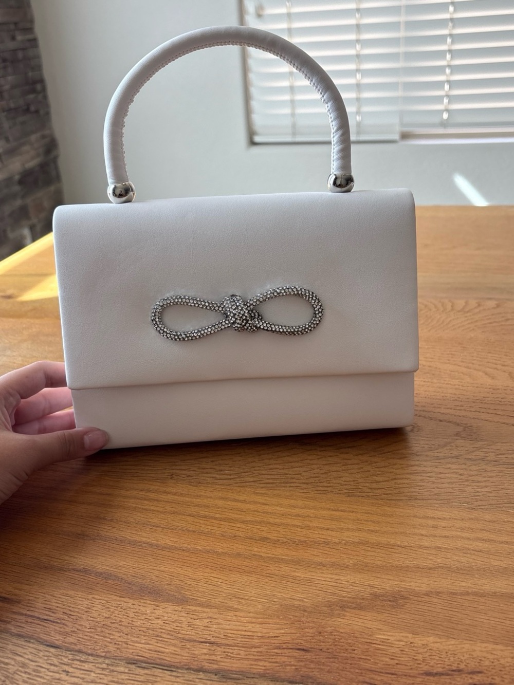 White Top-Handle Evening Mini Purse HandBag Silver Knot Accent